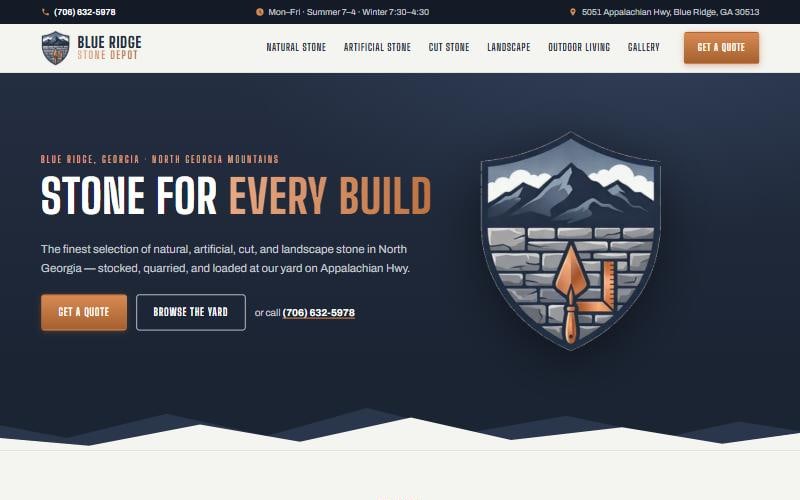 Blue Ridge Stone Depot website redesign: a navy home page with a shield logo and the headline Stone for every build