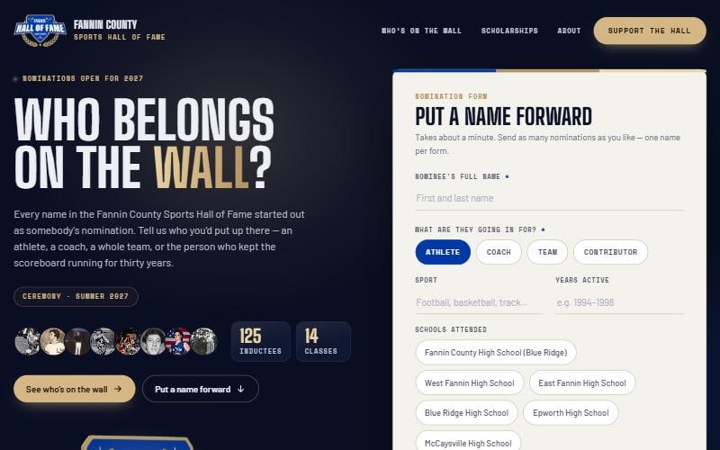 Fannin County Sports Hall of Fame website: a dark, gold-accented home page with a nomination form